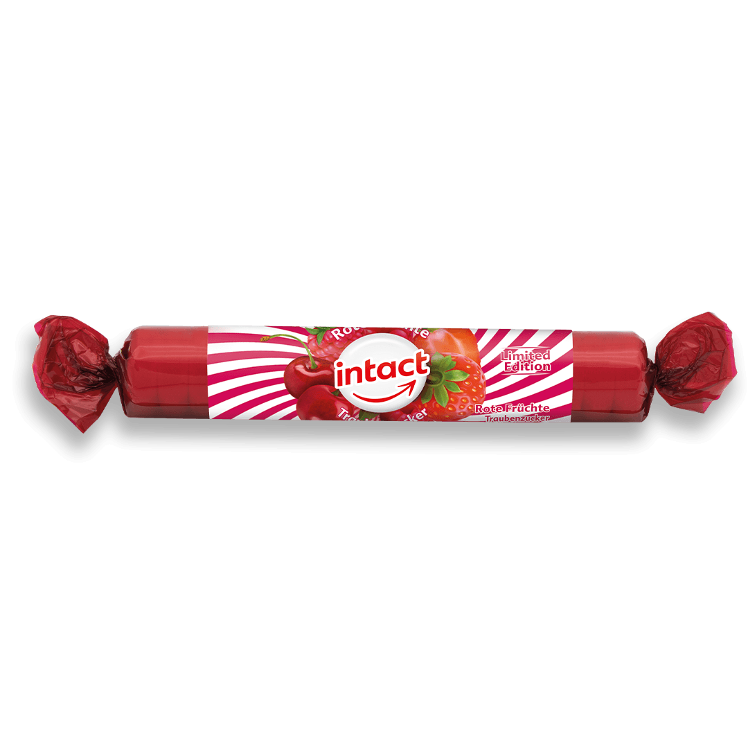 Dextroză Intact cu aromă de fructe roșii, tablete cu glucoză pentru corectarea rapidă a hipoglicemiei.