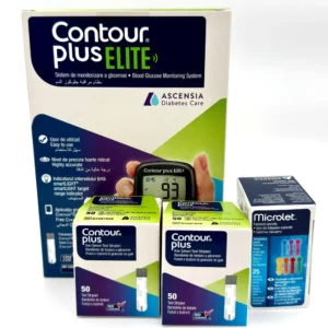 Pachet Contour Plus cu 100 bandelete glicemie, glucometru Contour Plus Elite si 25 lancete Microlet