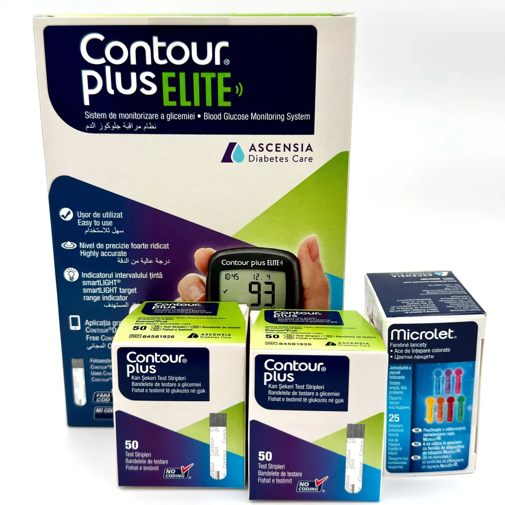 Pachet Contour Plus cu 100 bandelete glicemie, glucometru Contour Plus Elite si 25 lancete Microlet